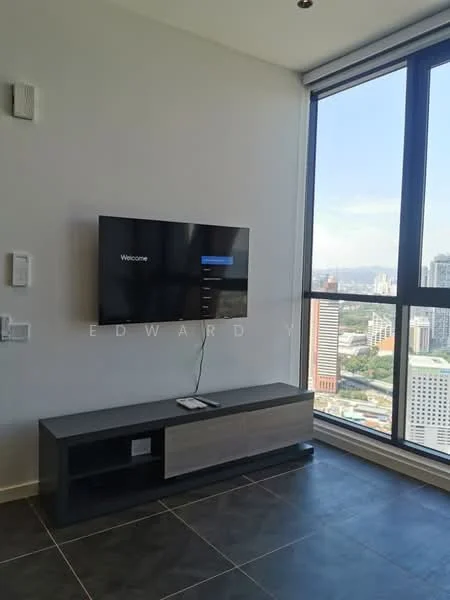 Living features: floor-to-ceiling windows, black TV mounted on wall, grey TV console with storage, dark tiled flooring, white painted walls, city skyline view, recessed lighting; style: modern; view: city.