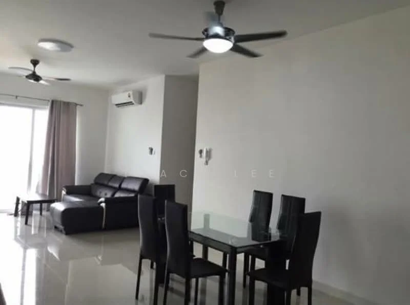 Living features: 3-seater leather sofa in black, glass dining table with 4 black dining chairs, 2 ceiling fans with integrated lights, wall-mounted split AC, white painted walls, glossy tile flooring, floor-to-ceiling windows with sheer curtains; style: modern.