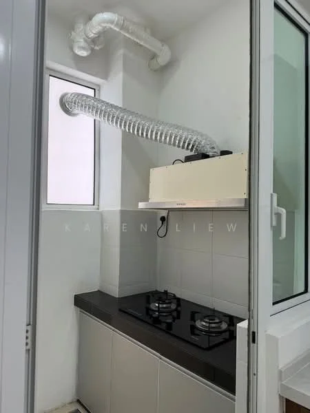 Kitchen features: black granite countertop, built-in kitchen cabinetry in light grey, two-burner gas hob, extraction hood with ducting, white tiled walls, window with clear glass, white painted walls, plumbing visible; style: modern.