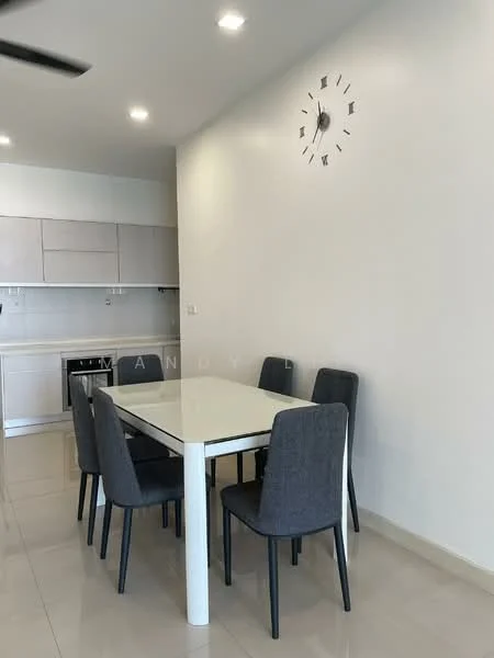 Dining features: 6-seater dining table, grey upholstered dining chairs, white tabletop, wall clock, recessed LED downlights, cream painted walls, tile flooring, open kitchen layout visible in background; style: modern.