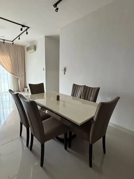 Dining features: 6-seater dining table with white marble top, upholstered dining chairs in beige, white painted walls, polished tile flooring, track lighting, floor-to-ceiling windows with sheer curtains, air conditioning unit on the wall; style: modern.