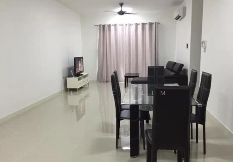 Living features: white painted walls, glossy tile flooring, 5-blade ceiling fan with light, wall-mounted air conditioning unit, floor-to-ceiling windows with sheer curtains, black leather sofa, glass coffee table, TV console with TV, dining table with 6 black upholstered chairs; style: modern.