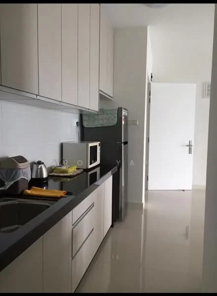 Kitchen features: black granite countertop, light wood cabinetry, stainless-steel sink, chrome pull-down faucet, built-in microwave, stainless-steel fridge, kettle, toaster, ceramic tile flooring, white tiled backsplash, wall-mounted cabinets, door leading to hallway; style: modern.