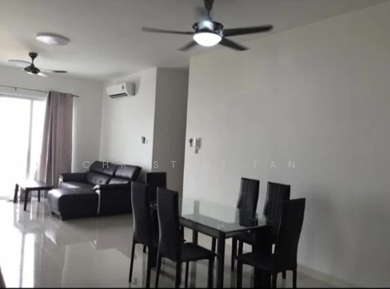Living features: white painted walls, glossy tile flooring, 5-blade ceiling fan with light, sofa in dark color, glass dining table, 4 dining chairs, floor-to-ceiling windows, curtains, wall-mounted split AC; style: modern.