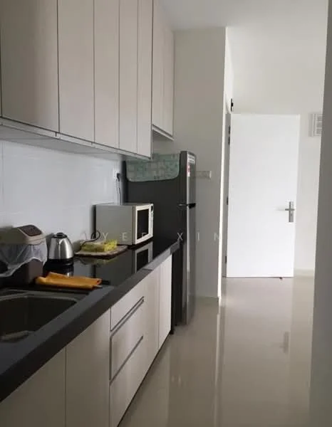 Kitchen features: light wood cabinetry, black countertop, stainless-steel fridge, microwave, kettle, single-bowl stainless-steel sink, chrome pull-down faucet, white tiled backsplash, ceramic tile flooring, recessed downlights, door leading to hallway; style: modern.