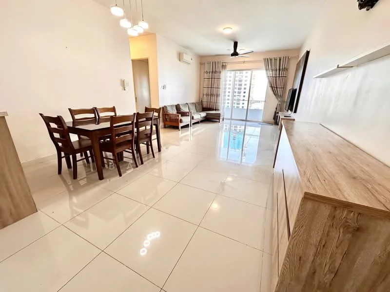 Living features: white painted walls, glossy ceramic tile flooring, 5-blade ceiling fan with light, sofa in beige fabric, wooden dining table with 6 chairs, TV console, floor-to-ceiling windows, curtains, decorative wall shelf, natural light from windows; style: modern; view: city.