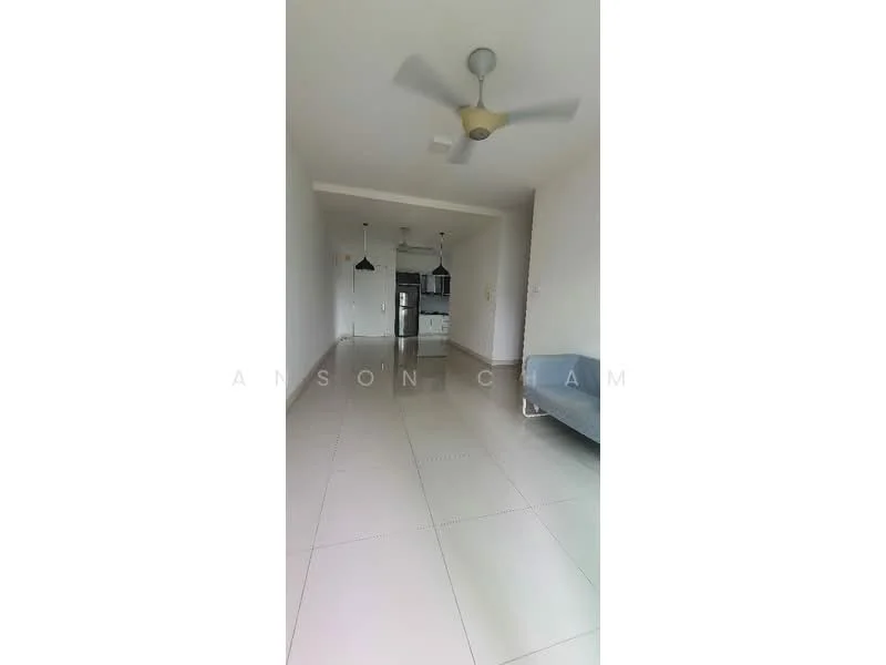 Living features: light-colored walls, ceramic tile flooring, 5-blade ceiling fan, sofa, pendant lighting, open layout, kitchen area visible in background, neutral color scheme; style: modern.