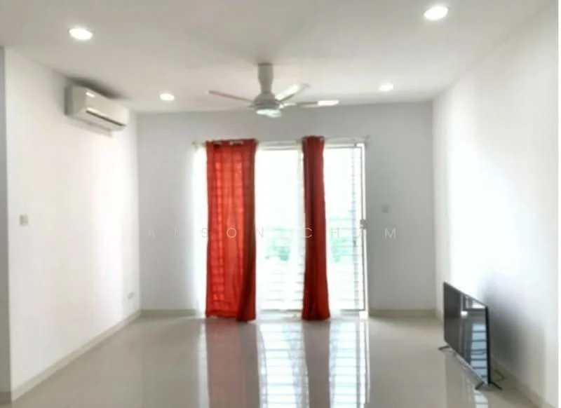 Living features: white painted walls, glossy tile flooring, 5-blade ceiling fan with light, floor-to-ceiling windows, sliding glass door, red curtains, wall-mounted TV, air conditioning unit; style: modern; view: garden.