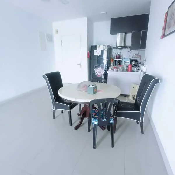 Dining features: round dining table, 4 dining chairs, plastic chair, white walls, tile flooring, refrigerator, kitchen cabinets, kitchen countertop, stainless-steel sink, kitchen appliances visible; style: modern.
