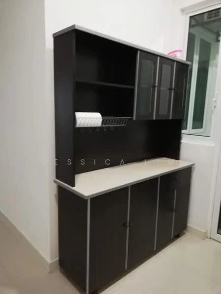 Room features: dark wood cabinetry, glass-front upper cabinets, white countertop, built-in shelving, two-door lower cabinets, single window, neutral wall color, tile flooring; style: modern.