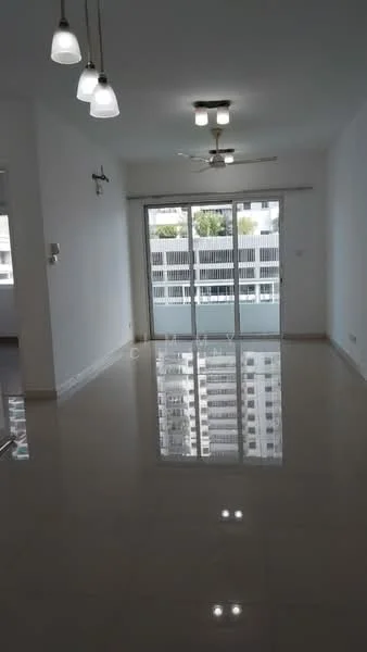 Living features: white painted walls, polished ceramic tile flooring, 5-blade ceiling fan with light, recessed downlights, sliding glass door, floor-to-ceiling windows, balcony view, wall-mounted TV bracket; style: modern; view: city.
