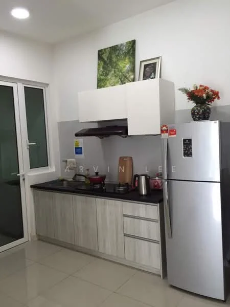 Kitchen features: white upper cabinets, wood lower cabinets, black countertop, stainless-steel fridge, built-in gas stove, exhaust hood, kettle, decorative plants, framed artwork, ceramic tile flooring, white painted walls, window with sliding glass, wall-mounted kitchen accessories; style: modern.