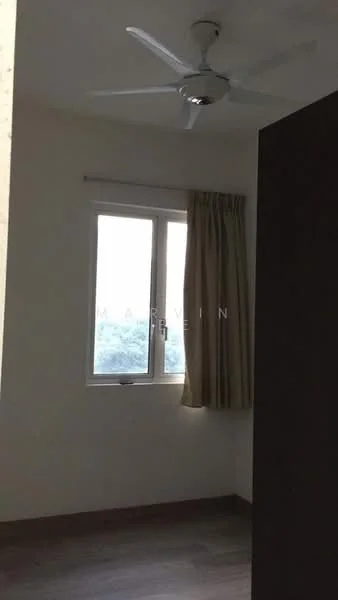 Room features: white painted walls, wooden flooring, single window with view, curtains, ceiling fan.