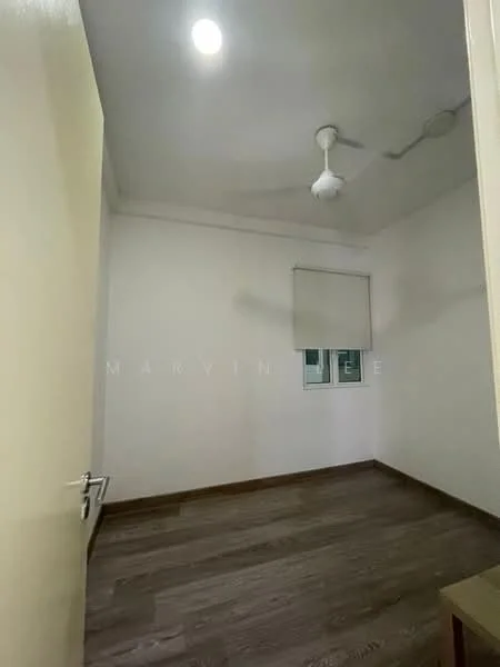 Room features: white painted walls, wooden flooring, ceiling fan, window with blinds, door, light fixture.