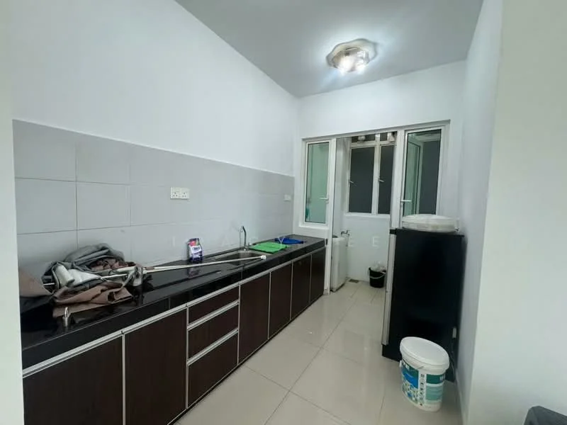 Kitchen features: black granite countertop, brown cabinetry, stainless-steel sink, chrome faucet, white tiled backsplash, white painted walls, tile flooring, recessed ceiling light, window with white frame, door leading to utility area; style: modern.