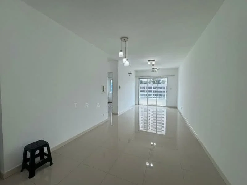 Living features: white painted walls, glossy ceramic tile flooring, recessed downlights, 3-blade ceiling fan, sliding glass door, floor-to-ceiling windows, natural light, open layout; style: modern; view: city.
