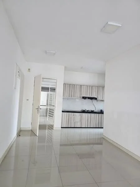 Kitchen features: white painted walls, glossy tile flooring, grey cabinetry, black countertop, built-in gas hob, exhaust hood, single-bowl stainless-steel sink, wall-mounted cabinets, open layout, recessed ceiling lights; style: modern. Room features: white painted walls, glossy tile flooring, door leading to another room, recessed ceiling lights.