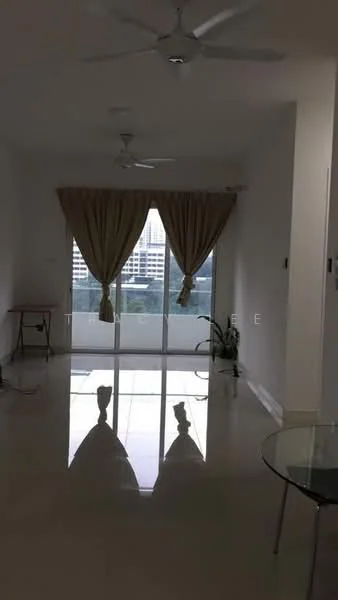 Room features: white painted walls, polished tile flooring, 2 ceiling fans, floor-to-ceiling windows, sheer curtains, glass dining table, small side table, indoor plant, balcony view; style: modern; view: city.