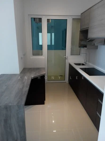 Kitchen features: white countertop, dark wood cabinetry, single-bowl stainless-steel sink, chrome pull-down faucet, built-in oven, ceramic tile flooring, sliding glass door, pendant lighting, open shelving, kitchen island with seating; style: modern.