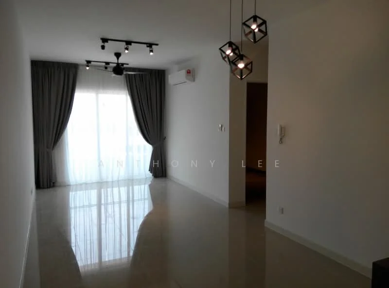 Living features: white painted walls, polished marble flooring, recessed downlights, 5-blade ceiling fan, floor-to-ceiling windows, sheer curtains, air conditioning unit, hanging pendant lights; style: modern.