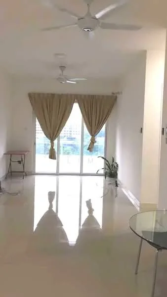Living features: white painted walls, glossy tile flooring, 5-blade ceiling fan, floor-to-ceiling windows, sheer curtains, glass dining table, small side table, indoor plant, natural light, neutral color scheme; style: modern; view: city.