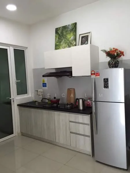 Kitchen features: white painted walls, grey tiled backsplash, black granite countertop, light wood cabinetry, stainless-steel range hood, built-in gas stove, stainless-steel fridge, kettle, decorative vase with flowers, framed artwork on wall, recessed ceiling lights, floor tiles, window with glass panes; style: modern.