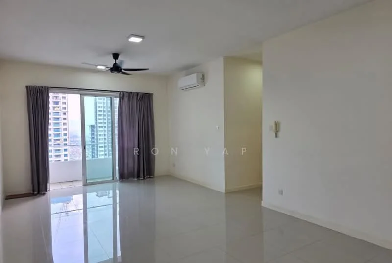 Living features: white painted walls, glossy tile flooring, 5-blade ceiling fan with light, floor-to-ceiling windows, sliding glass door, curtains, air conditioning unit, neutral decor; style: modern; view: city.