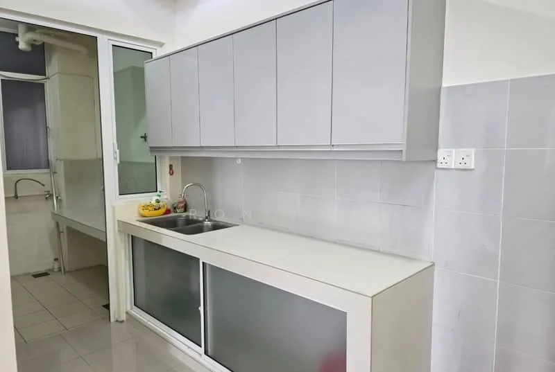 Kitchen features: grey cabinetry, white countertop, double-bowl stainless-steel sink, chrome pull-down faucet, tile backsplash, ceramic tile flooring, floor-to-ceiling windows, open shelving, fruit bowl on countertop; style: modern.