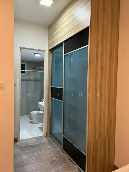 Room features: wood paneling on walls, glass sliding door, light-colored flooring, recessed ceiling lights, white painted walls, bathroom door, visible bathroom fixtures, modern design; style: modern.