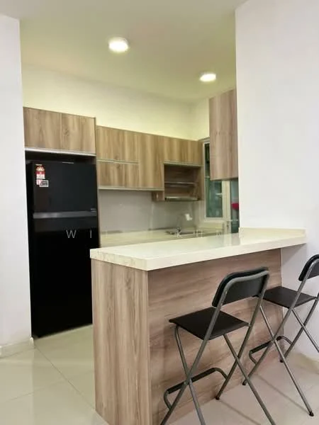 Kitchen features: laminate cabinetry in light wood finish, white quartz countertop, black fridge, built-in oven, stainless-steel sink, chrome pull-down faucet, open shelving, bar seating with two black stools, ceramic tile flooring, recessed downlights; style: modern.