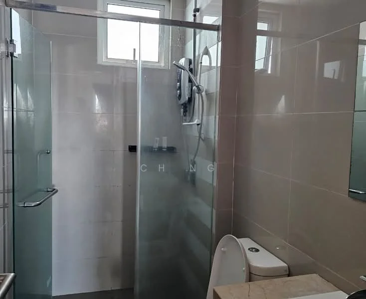 Bathroom features: glass shower enclosure, rain shower head, handheld shower, white ceramic toilet, single-sink vanity with marble top, framed mirror, grey tiled walls, light grey tiled flooring; style: modern.