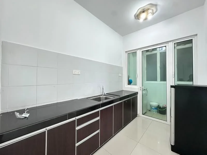 Kitchen features: black granite countertop, brown cabinetry with flat-panel design, single-bowl stainless-steel sink, chrome pull-down faucet, white tiled backsplash, white painted walls, polished ceramic tile flooring, recessed ceiling light, window with sliding glass door, view into utility area; style: modern.