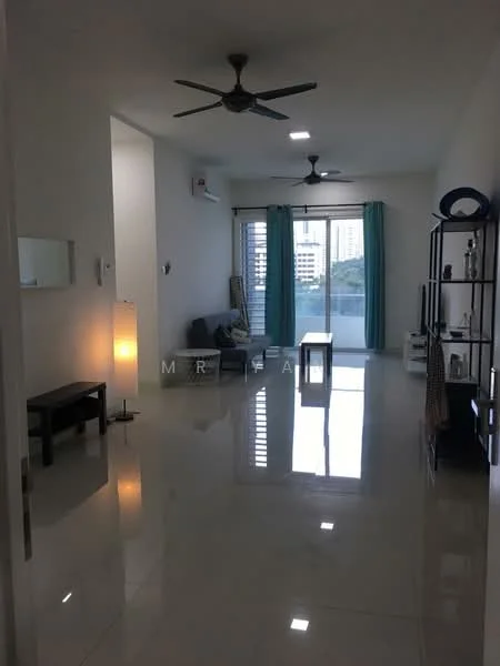 Living features: white painted walls, polished ceramic tile flooring, 2 ceiling fans, floor-to-ceiling windows, sliding glass door, sheer curtains, grey fabric sofa, coffee table, black shelving unit, decorative wall mirror, LED floor lamp, area rug; style: modern; view: city.