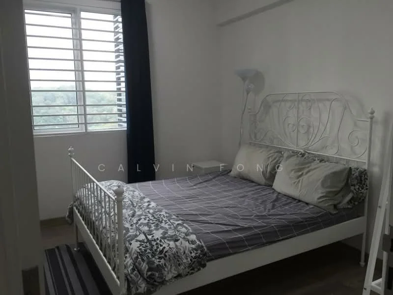 Bedroom features: queen-size bed with white metal frame, grey and white floral bedding, two decorative pillows, white bedside table, table lamp, window with horizontal slats, light wood flooring, white painted walls, dark blue curtain; style: modern; view: garden.