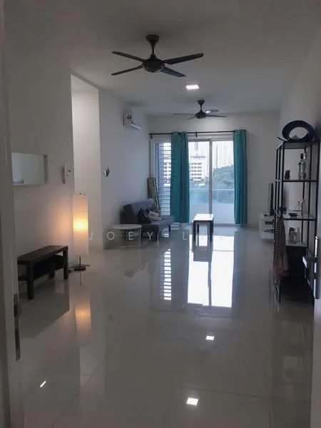 Living features: white painted walls, glossy tile flooring, 2 ceiling fans, floor-to-ceiling windows, sliding glass door, curtains in blue, sofa in grey, coffee table, decorative shelving unit, lamp, TV console; style: modern; view: city.