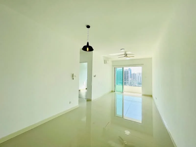 Living features: white painted walls, glossy ceramic tile flooring, 5-blade ceiling fan with light, pendant light, floor-to-ceiling windows, sliding glass door, city view, air conditioning unit; style: modern; view: city.