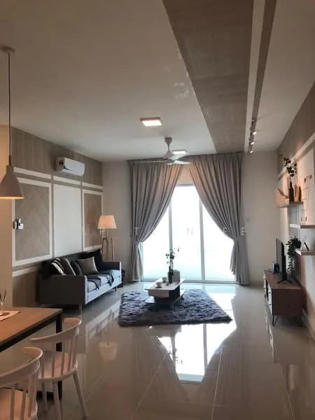 Living features: 3-seater fabric sofa in grey, coffee table, area rug with geometric pattern, TV console, wall-mounted TV, floor-to-ceiling windows, sheer curtains, recessed LED downlights, 5-blade ceiling fan, cream painted walls, polished tile flooring, decorative plants in ceramic pots; style: modern.