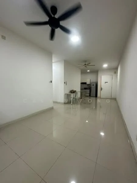 Room features: white painted walls, glossy tile flooring, 2 ceiling fans, recessed lighting, open layout, kitchen visible in background; style: modern.