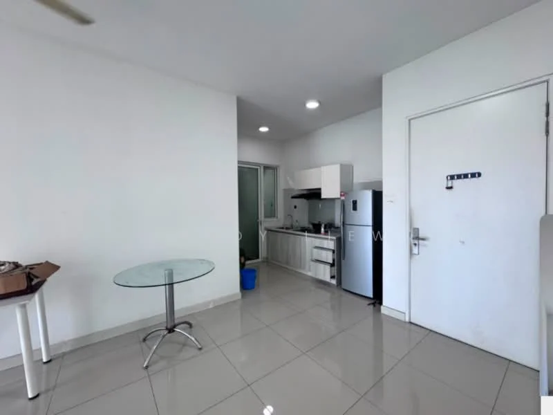 Kitchen features: white painted walls, glossy ceramic tile flooring, single-bowl stainless-steel sink, chrome pull-down faucet, white cabinetry, built-in oven, freestanding fridge, glass-top dining table, 4 chairs, recessed downlights; style: modern.