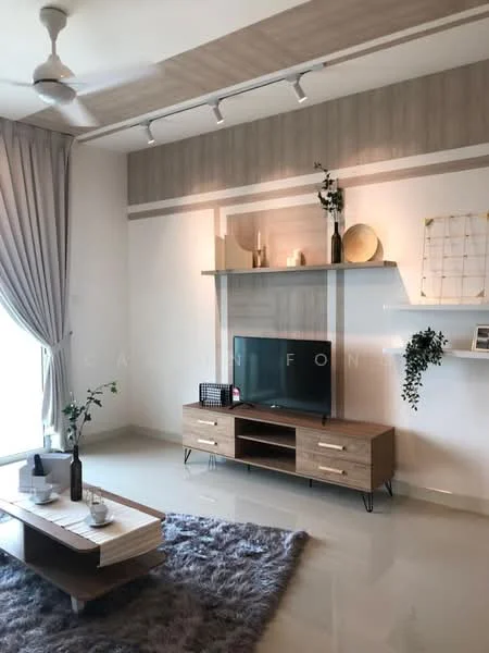 Living features: 5-blade ceiling fan with light, floor-to-ceiling windows, sheer curtains, light wood TV console, black flat-screen TV, decorative wall shelves, decorative wall art, grey area rug, wood coffee table, vase with greenery, two cups on coffee table, neutral painted walls, recessed lighting; style: modern.
