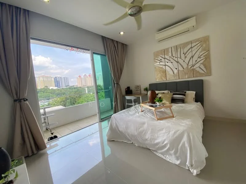Bedroom features: king-size bed with white bedding, upholstered headboard, bedside table, decorative wall art, floor-to-ceiling windows, sliding glass door, curtains, ceiling fan, air conditioning unit, grey accent wall, polished tile flooring, plant in ceramic pot; style: modern; view: city.