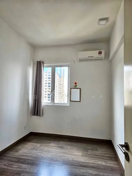 Room features: white painted walls, wooden flooring, floor-to-ceiling window, grey curtain, wall-mounted split AC, ceiling light, decorative wall-mounted board; style: modern; view: city.