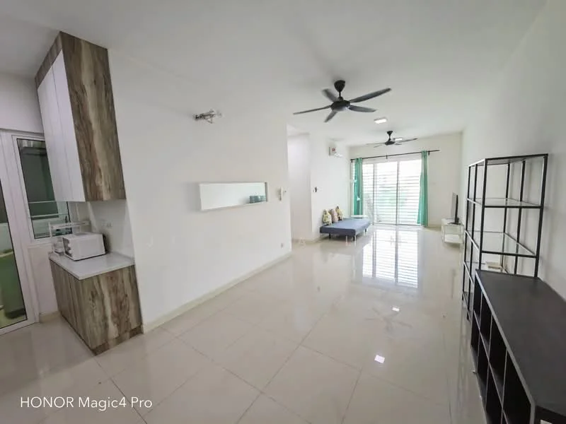 Living features: white painted walls, glossy tile flooring, 5-blade ceiling fan with light, large windows with sheer curtains, sofa, TV console, wall-mounted mirror, open shelving unit, air conditioning unit; style: modern; view: garden. Kitchen features: white cabinetry, countertop with wood accents, microwave, sink, kitchen appliances visible; style: modern.