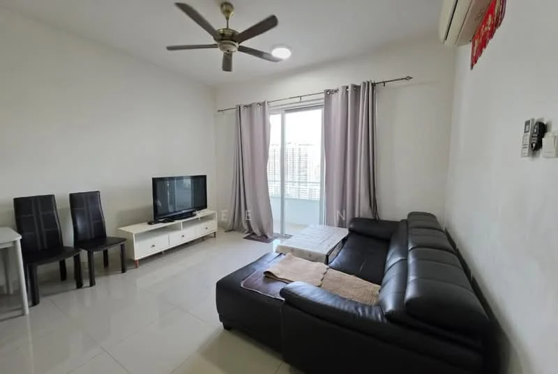 Living features: 3-seater leather sofa, coffee table, wall-mounted TV, TV console, floor-to-ceiling windows, curtains, ceiling fan, white painted walls, glossy tile flooring, area rug; style: modern; view: city.