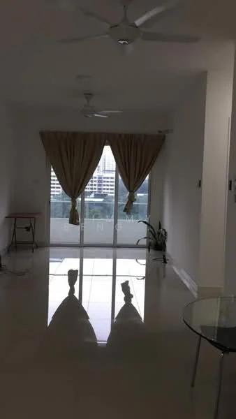 Living features: white painted walls, polished tile flooring, 5-blade ceiling fan, floor-to-ceiling windows, sheer curtains, balcony access, glass dining table, small side table, indoor plant; style: modern; view: city.