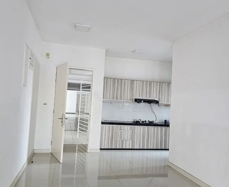 Kitchen features: white painted walls, glossy tile flooring, grey laminate cabinetry, black countertop, built-in gas hob, exhaust hood, single-bowl stainless-steel sink, wall-mounted split AC; style: modern. Room features: white painted walls, glossy tile flooring, door leading to another room.