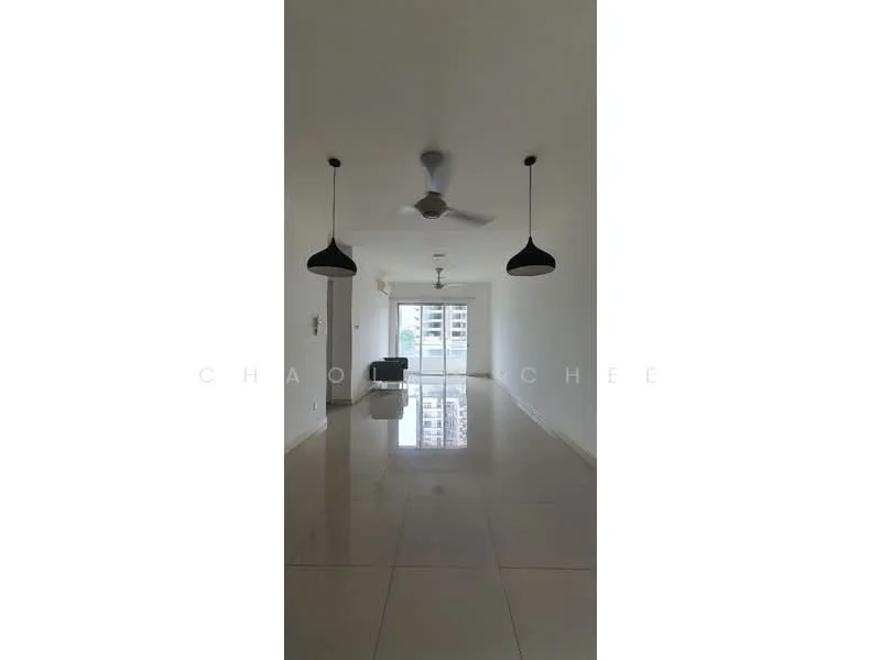 Room features: white painted walls, polished floor tiles, 5-blade ceiling fan, 2 pendant lights, large windows, sliding glass door, open layout, natural light; style: modern; view: city.