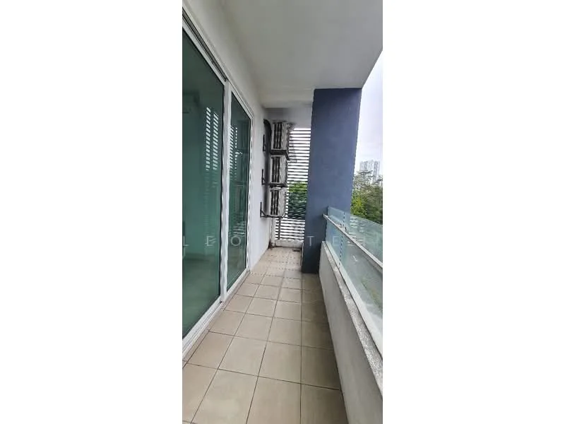 Room features: tiled flooring, glass sliding doors, railing with glass panels, exposed concrete wall, vertical louvre screens, outdoor view, balcony space; style: modern; view: city.