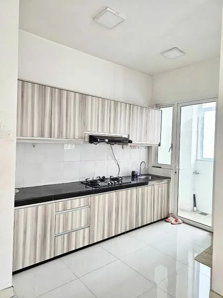 Kitchen features: laminate cabinetry with wood grain finish, black granite countertop, built-in gas hob, stainless-steel range hood, single-bowl stainless-steel sink, chrome pull-down faucet, white tiled backsplash, white painted walls, white ceiling with recessed lighting, floor-to-ceiling windows, sliding glass door, white ceramic tile flooring; style: modern.