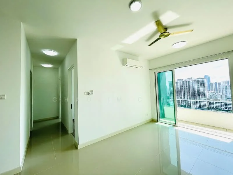 Room features: white painted walls, glossy tile flooring, 5-blade ceiling fan, wall-mounted split AC, floor-to-ceiling sliding glass door, balcony access, city skyline view, recessed ceiling lights; style: modern; view: city.
